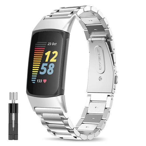 バンド 対応 COMPATIBLE FOR FITBIT CHARGE 6/CHARGE 5 金属ステンレス製の交換用ストラップ 交換ベルト (銀)