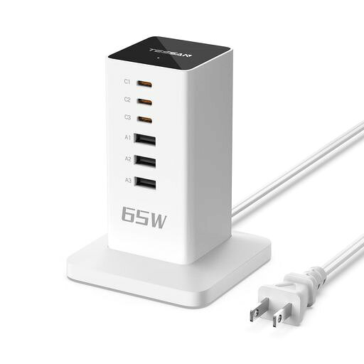【1台6役のタイプc 充電器】3個USB-Aポート及び3個USB-Cポートを搭載しているUSB 充電器で、6台の電子機器を同時充電できます。充電器やコンセント不足などの問題を解決します。また、この携帯充電器は「Smart USB System」出力自動判別機能を搭載して、機器に合わせた最大出力で急速充電が行えます。1個USB-Aあたり最大3.1A、3個USB-A合計4.8Aを出力し、ご利用者の需要を満たします。 【TYPE-C付USB急速充電器】Power Delivery 20W対応のUSB-Cポートが搭載されています。USB-Cのみ利用する場合には、最大PD20Wの高出力による最速充電で、わずか30分でiPhone 14へ50%充電することができます。従来のUSB-A規格の5W出力の充電器に比べて、はるかに高い出力で最大3倍速く充電することが実現できます。 【タワー式小型軽量USB コンセント】省スペースのタワー式 合計65w充電器は縦型デザインで仕上がって、ACアダプターとケーブルの乱雑さを解消できます。