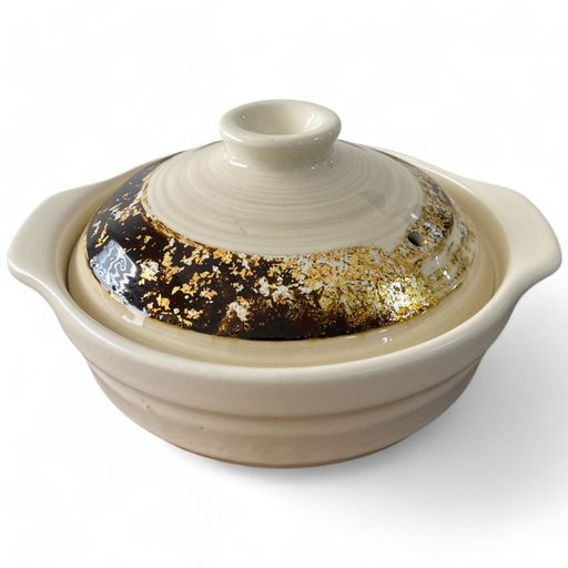 Earthen Pots - J-kitchens和技華匠6号土鍋直火用18cm一人用-二人用ホワイトブルー金彩福光
