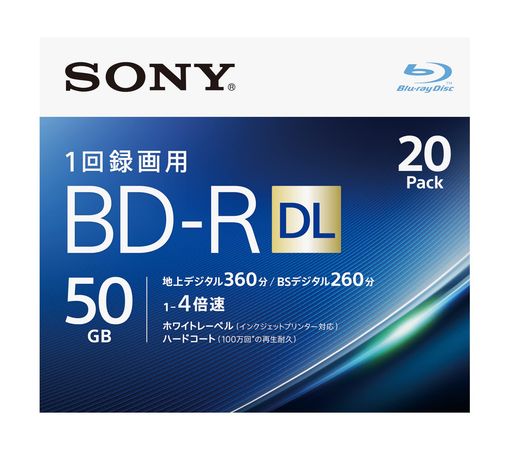 大切な映像の保存用ディスクに最適。傷・埃・汚れに強い高性能なハードコートを採用 規格:映像用BD-R 2層 入り数:20枚(ケース) 容量:50GB/1枚 盤面:ホワイトレーベル 倍速:4倍速対応(1-4倍速) インクジェットプリンター対応(ワイドプリントエリア) 地デジ:360分 BSデジタル:260分(DRモード時/1枚当たり)