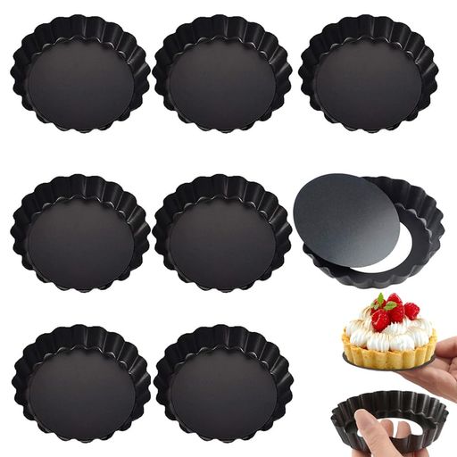 8個タルト型 底取れ 直径7.5cm お菓子型 ケーキ型 タルト型 ミニ 焼き型 お菓子作り道具 DIY製菓用品 炭素鋼 お菓子用 円形 DIY製菓用品 耐熱 耐油 家庭用 ベーキングツール (ブラック)