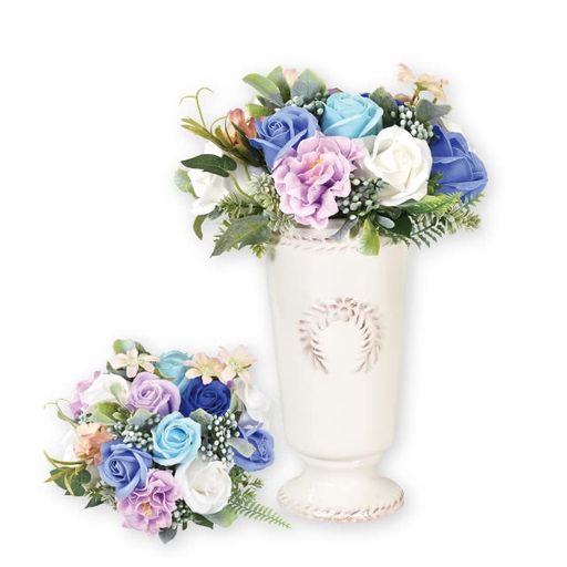 ポピー名古屋ソープフラワーシャボンフラワー造花ギフトプレゼントブーケバラ花瓶約30cmフラワーベース入りS-153ブルー