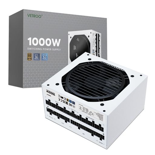 Vetroo 1000W電源ATX 3.0 ReadyダブルPCIe 5.0, 80 Plus Goldフルモジュラー、コンパクトサイズ、日本105°Cコンデンサ、エコモード120mm FDBファン、10年保証、ゲームPCなどに対応 (White)