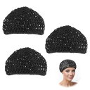 PAVIKEヘアネットナイトヘアキャップ髪ネットヘアキャップ3枚セット黒かぎ針編みニットスリーピングヘアネットフィットヘアカバーラップ快適なヘアケアウェーブキャップ女性用カール…