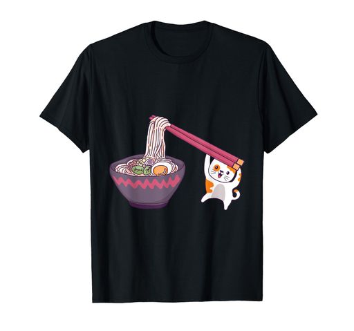 ラーメン丼を食べるかわいいカワイイアニメ猫Tシャツ