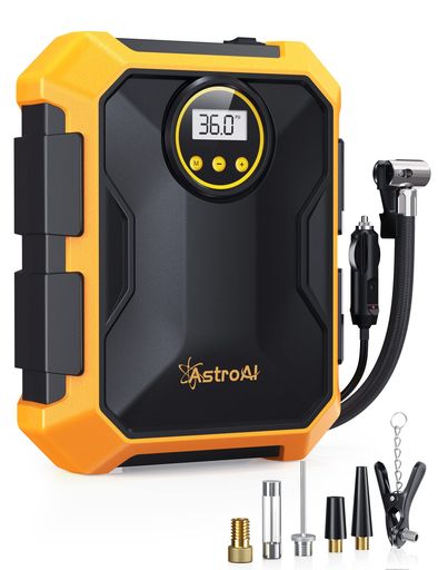 AstroAIエアコンプレッサー車の空気入れ自動車用DC12V100PSILEDライト付き自動電源オフリアルタイム画..