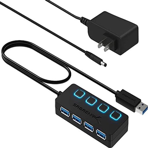 SABRENTusbハブ電源付き3.0、4ポート5V/2.5A電源アダプタ付き(LED電源スイッチ搭載)SuperSpeed5Gbps