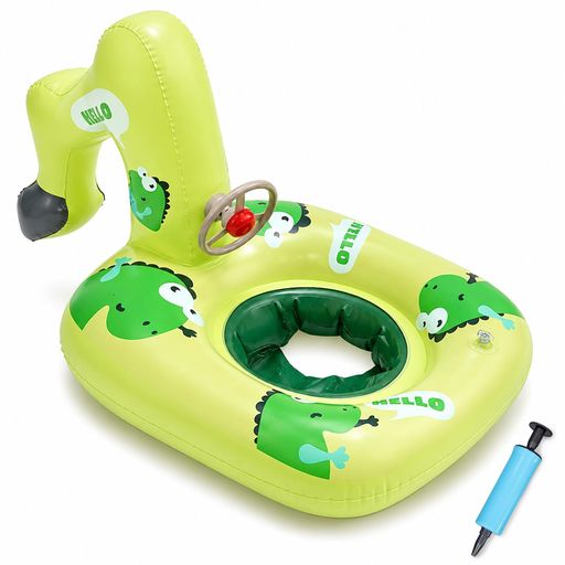 【足入れ式で水遊びをサポート】 お尻を支える足入れタイプの子供用浮き輪です。深めのシート設計で体を支えやすく、プールや海での水遊びをより楽しくサポートします。初めての浮き輪遊びにも使いやすいキッズフロートです。 【ショベルカーx恐竜の楽しいデザイン】 男の子に人気のショベルカーデザインと恐竜柄を組み合わせたユニークな浮き輪。ハンドル付きでボタンを押すと音が鳴り、水遊びをもっと楽しく演出します。 【ハンドル付きで遊びやすい】 前方のハンドルを握りながら姿勢を保ちやすく、水の上でも楽しく遊べます。ショベルカーの操作をまねしたり、プールで運転ごっこをしたり、通常の浮き輪とは違う遊び方が楽しめます。 【丈夫なPVC素材&amp;便利な空気入れ付き】 本体は軽量で扱いやすいPVC素材を使用。付属の空気入れで膨らませやすく、使用後は空気を抜いてコンパクトに収納できます。海水浴、プール、旅行、夏のお出かけにも持ち運びやすい仕様です。 【夏のプール・海・ビーチにおすすめ】 プール、海、ビーチ、ウォーターパークなど、夏の水遊びシーンで活躍します。