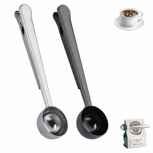 Measuring Spoons - Phyxiulコーヒースプーン2個入れ計量スプーンステンレス鋼2-in-1コーヒースクープ&バッグクリップコーヒー用品ステンレス製計量小さじ(ブラック+シルバー)