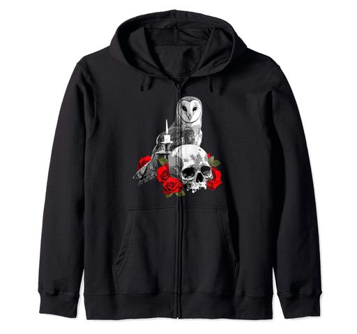 Spooky Witch Skull, Wiccan Owl and Candle with Red Roses ジップパーカー