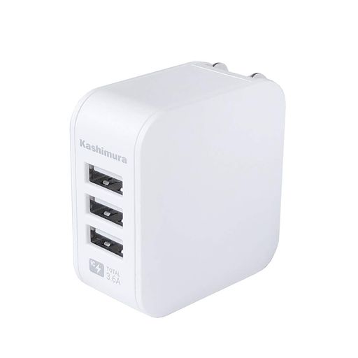 自動識別IC搭載の3ポートUSB充電器 ACプラグが収納できるコンパクト設計なので持ち運びに便利 3ポート合計18W充電(5V3.6A)でiPhone、スマートフォン充電対応 自動識別IC搭載で端末に合わせて最適充電 難燃材料、PSE取得品
