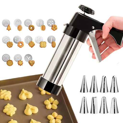 Doyimeクッキープレスクッキーガン【絞り口金8個とクッキーディスク13個付き】クリーム絞り器ステンレス製耐熱耐久性使用簡単再利用可能多機能DIY手作りクッキー用ケーキデコレーション…