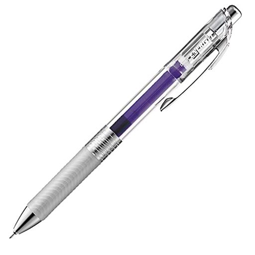 【特長】スッと書けてサッと乾く ゲルインキボールペン 【インキ色】バイオレット 【ボール径】0.4mm 【材質】後軸・頭冠=再生PC ノック・前軸=ABS樹脂メッキ グリップ=エラストマー クリップ=鉄 【1本あたりサイズ/重さ】幅 16mm x奥行 11mm x 長さ147mm/13g