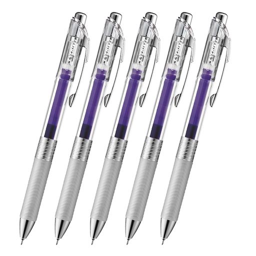 【特長】スッと書けてサッと乾く ゲルインキボールペン 【インキ色】バイオレット 【ボール径】0.4mm 【材質】後軸・頭冠=再生PC ノック・前軸=ABS樹脂メッキ グリップ=エラストマー クリップ=鉄 【1本あたりサイズ/重さ】幅 16mm x奥行 11mm x 長さ147mm/13g