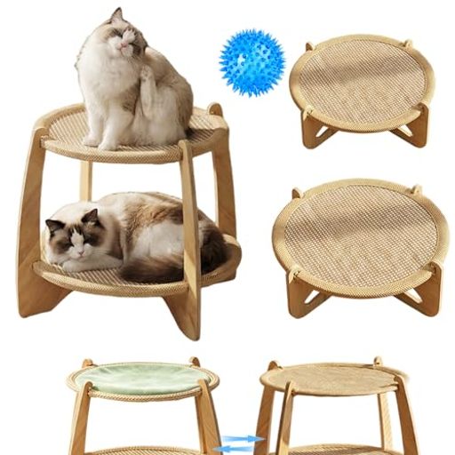寝る 【多機能な休息&amp;遊びスペース】成猫から子猫まで対応する猫ハンモック置き型は、お昼寝や爪とぎ、遊び、くつろぎまで幅広いアクティビティをカバー。一つの猫用ハンモック自立式で愛猫の「寝る・遊ぶ・研ぐ」を叶える、多機能な猫ソファーベッドです。 【春夏秋冬ずっと快適!両面仕様】季節ごとに買い替える必要がない両面仕様のペットハンモック。表面は通気性抜群の天然サイザル麻で夏は涼しく爪とぎもOK。裏面は柔らかなウサギ毛風素材で冬はぽかぽか。裏返すだけで一年中快適に使える猫ベッドです。 【湿気・冷気を遮断!高床式設計】床から離す高床式設計で、地面からの冷気や湿気を防ぎ、カビの発生を抑制する猫用ハンモック自立式。従来の直置きベッドでありがちな「底面に毛が溜まる」「結露でジメジメ」といった悩みを解消し、清潔で快適な猫ソファーベッド環境を提供します。 【安定な構造・組立簡単】丈夫なフレームと強力な固定部材を採用し、ぐらつきにくい安定構造を実現した猫ハンモック置き型。組み立てはネジを締めるだけの簡単設計で、どなたでもスムーズに設置可能。日当たりの良い窓辺や愛猫の好きな場所に手軽に置けるペットハンモックです。