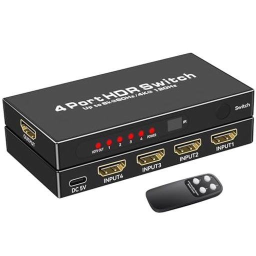 🚀【8K HDMI 切替器 4入力 1出力】 4K@120Hz HDMI 切替器は、4つの異なるHDMIソースから1つのHDMIディスプレイにビデオとオーディオを簡単にストリーミングします。ラグやフラッシュ、解像度の低下を心配することなく、快適な視聴体験を提供します。頻繁なプラグ抜きを避けるため、お気に入りの入力デバイスへの切り替えもスムーズです。 🚀【8K@60Hz 超高画質対応】 このHDMI2.1スイッチャーは、8K@60Hz、4K@120Hz、4K@60Hz、4K@30Hz、1080P解像度に対応し、HDCP2.3、HDMI2.1/2.0/1.4、ダイナミックHDR、UHD、3Dなどの先進的な機能をサポートします。48Gbpsの高速データ転送により、安定した映像と音声の伝送が可能です。最適な体験を得るためには、HDMI 8Kケーブルの入出力距離は3m以内にしてください。 🚀【プラグアンドプレイ】 ディスプレイ切替器は、追加のソフトウェアやセットアップなしで簡単に使用できます。デバイスを接続するだけで、4つの異なるHDMI入力ソースを素早く切り替えることができます。