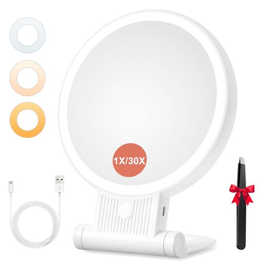 毎日のメイク 【3色ライト&amp;無段階調光】72個のLEDライトを搭載し、昼光色、昼白色、電球色の3モードに切り替え可能です。短押しで点灯と色切替、長押しで明るさを無段階調整できます。朝のメイク、夜のスキンケア、暗い場所での確認にも使いやすい設計です。 【1X/30X両面ミラー】等倍面は通常のメイクや身だしなみ確認に、30倍拡大面は毛穴・産毛・眉毛・アイライン・コンタクト装着など細かい作業に適しています。視力が気になる方や細部まで確認したい方にも便利です。 【30倍使用時のポイント】30倍面は高倍率のため、鏡から約10cm以内に顔を近づけるとピントが合いやすくなります。顔全体の確認には等倍面、細部の確認には30倍面を使い分けることで、より快適にご使用いただけます。 【USB-C充電式と折りたたみ収納】2000mAhバッテリーを内蔵し、約3時間の充電で最大14時間使用可能です。使用時間は明るさや使用環境により異なります。折りたたみ式で収納しやすく、自宅用にも持ち運び用にも便利です。