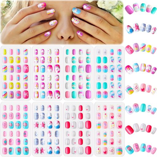 LitherrS192個8箱ネイルチップ子供向けプレスオンキッズつけ爪かわいいガールズのヒント女の子の手の装飾ネイル飾りネイル用品偽の爪セ..