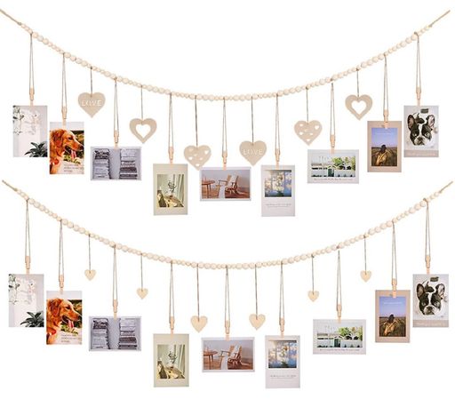 siawadeky写真ガーランド壁掛け2タイプ入写真ディスプレイ木製ビーズ写真収納クリップ付き写真ストリングフォトホルダー木製フォトガーランド写真飾り背景壁装飾ボヘミアン部屋飾り