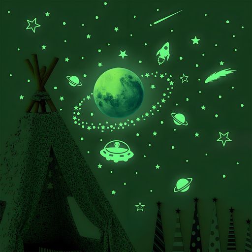 DONGFANGB蓄光シール星空デザイン星月流星宇宙夜光効果繰り返し貼り可能子供部屋装飾壁面窓用幼稚園保育園DIY誕生日ギフト(緑色の光)