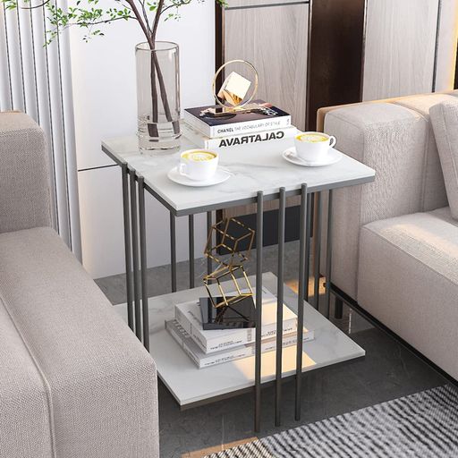 UNHOサイドテーブルナイトテーブルベッドサイドテーブル大理石調石材天板ソファ横コーヒーテーブル白棚..