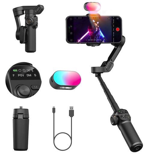 AOCHUANSMARTX2スマートフォンジンバルスタビライザー360°回転OLEDディスプレイ内蔵20CM延長ロッド自撮り棒調節可能な7色RGBフィルライト夜のビデオ撮影に最適X2キットブラック
