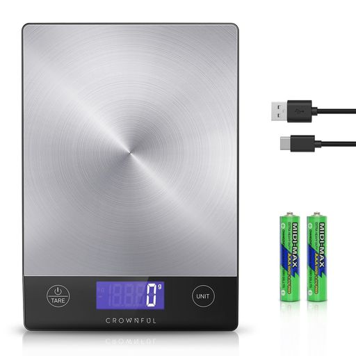 CROWNFULキッチンスケール15KGUSB充電式ステンレスデジタルはかり表面防水防汚1g単位LCDディスプレイ軽量薄い電子測り計量器料理調理お菓子作り薄い風袋引き機能