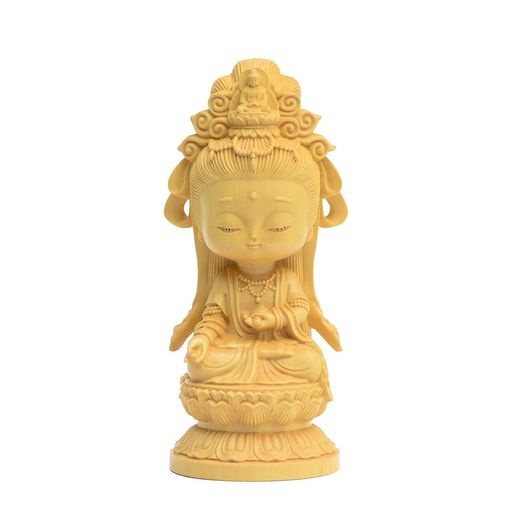 繁楼芸雕 仏像 ミニ 可愛い 観音像 観音菩薩 柘植製 木彫り 置物 厄除け 開運 守護 繁盛 ご利益 (高さ11.5cmx巾5.2cmx奥行4.8cm)