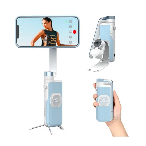 PowerVisionスマートフォン用ジンバルカメラ-3軸ジンバル・防振機能・AI追尾・スマホ撮影アイテム・スマホ用カメラジンバル・便利な無線充電・人物認識・手モーション操作・Vlog・YouTube・T…