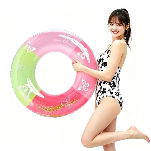 浮き輪 90cm 大人用 子供用 トレンドグラデーション キラキララメ ピンクグリーン バタフライリボン O 型フロート プール 海水浴 川遊び 水遊び