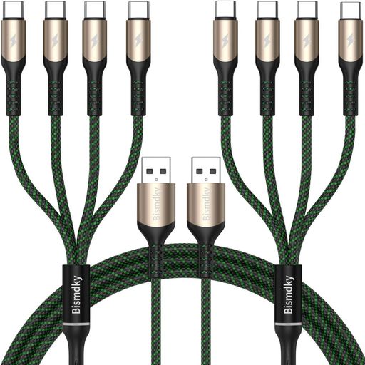 【2本セット】 4 in 1高耐久編組ナイロン多機能充電ケーブル USB C急速充電ケーブル PD QC対応 3.1A急速充電 4種類のインターフェースTypeC 4 を持ち 4台の設備の同時充電をサポートしPhone17 16