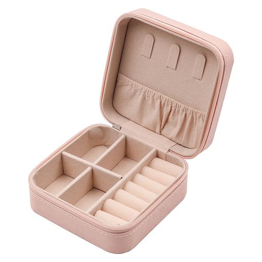 NUZAMASミニジュエリートラベルケース小型ジュエリーオーガナイザーボックスポータブルレザーボックスポータブルディスプレイ収納ボックスリングイヤリングネックレスギフト用(ピンク)