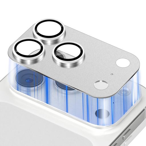 LuFiYaカメラフィルムiPhone17ProMax対応レンズカバー、アルミ合金+9H硬度強化ガラス製アイフォン17ProMax用レンズカバー全面保護高透過率露出オーバー防止耐衝撃カメラ保護フィルム-シルバー