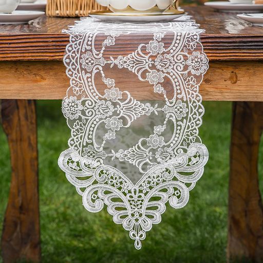 Q’foo テーブルランナー レース 刺繍入り 花柄 白 北欧風 センタークロス アンティーク調 おしゃれ コースター 花瓶敷き モダン (テーブルランナー)