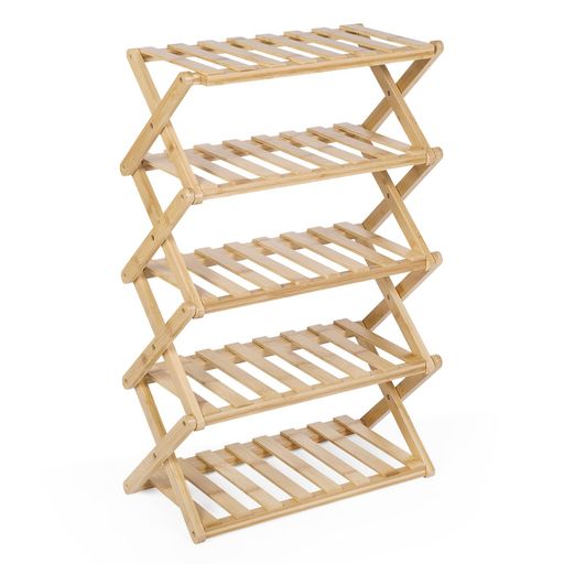 VaLaVieシューズラック折りたたみシューズラック天然竹オープン収納ラック省スペースファッション靴収納ラック靴キャビネット多機能収納組立不要耐久性屋内廊下玄関靴収納(ナチュラル5…