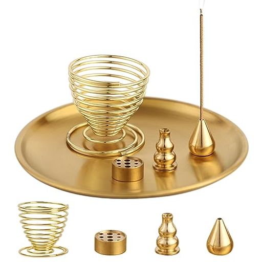 incense Burner - 5イン1香炉パロサント受け皿セージ皿お香ホルダーお香スティックコイルインセンスコーン用真鍮色アッシュキャッチャー瞑想ヨガルーム用お香立てお線香立香皿大皿癒やし香炉多機能リ…