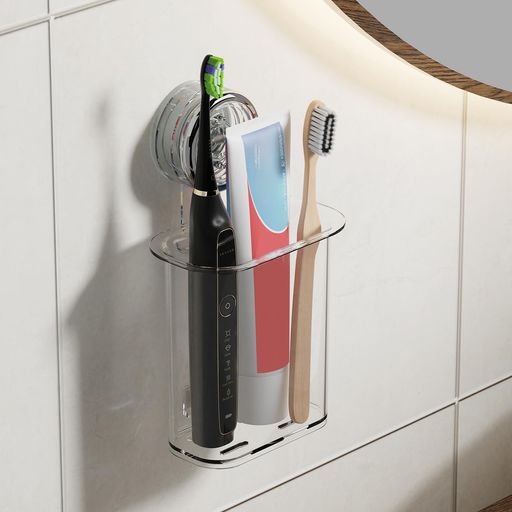 PAVSTINE歯ブラシスタンド吸盤式歯ブラシホルダー錆びにくい強力真空吸着水切り電動歯ブラシ歯磨き粉浮かせる収納穴あけ不要多機能お風呂洗面所浴室用ラック壁掛け歯ブラシ立て-クリア