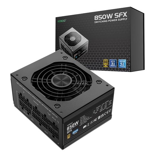 Vetroo 850W SFX 電源 ATX 3.1 & PCIE 5.1対応、80 Plus Gold Certificate Full Modular 90mm FDBファン、低ノイズ動作用、SFX-to-ATXブラケット、10年保証 - ブラック