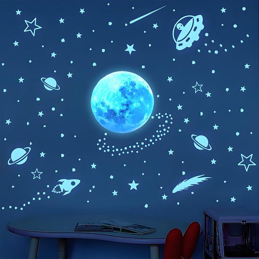 DONGFANGB蓄光シール星空デザイン星月流星宇宙夜光効果繰り返し貼り可能子供部屋装飾壁面窓用幼稚園保育園DIY誕生日ギフト(青色光)