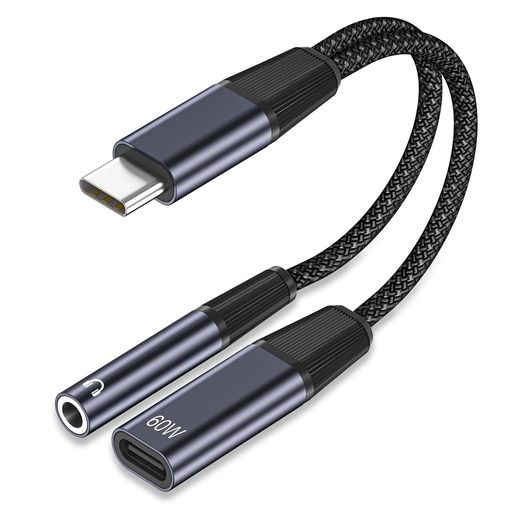 タイプC イヤホンジャック 変換アダプター 2 in 1 USB-C to 3.5mm オーディオ変換アダプターそして 60W PD急速充電 Type-c イヤホン3.5mm オーディオアダプタ 充電しながらイヤホン 通話 音量調節可…