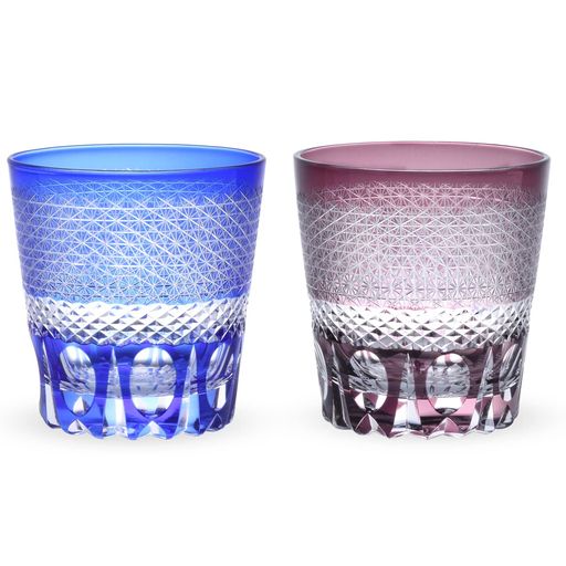 Cups - J-kitchensレトロ切子ペアグラスカップΦ85xH90mm260cc刺し子ブルー&パープル華匠CurrentModel