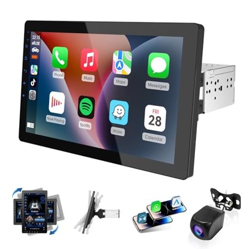ワイヤレスCarPlay &amp; Android Auto対応: 本カーオーディオは、Bluetooth経由でiPhoneまたはAndroidデバイスと簡単に接続し、面倒なケーブルを必要としません。音楽、地図、通話へシームレスにアクセス。さらに、有線Zlink接続とスクリーンミラーリングにも対応し、機能性がさらに向上しています。効率的なスプリットスクリーンとピクチャーインピクチャー機能もサポートしており、マルチタスク操作やAPKのインストール管理も簡単に行えます。ご家族への最高のクリスマスギフトとしておすすめです。 シングルDIN規格の10.1インチ回転式タッチスクリーン: 標準的なシングルDINダッシュボードにぴったりと収まるカースクリーンです。電動で回転するこのスクリーンは、視認性を最適化するために視野角を調節でき、グレア(眩しさ)を低減し、ドライバーが簡単に操作できるよう設計されています。 Android 13 OS + 2GB RAM + 32GB ROM: 最新のAndroid 13を搭載した本カーオーディオは、応答速度が20%向上しています。