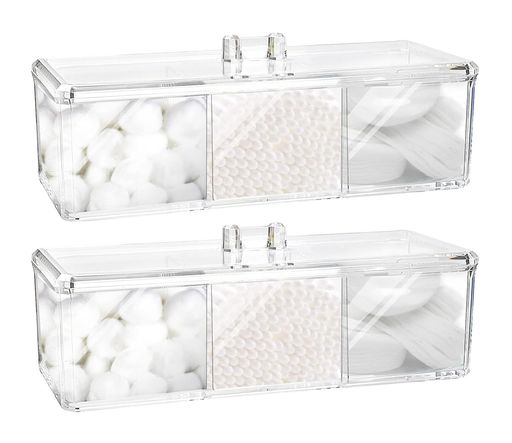 siawadeky収納ケース2個セット蓋付き3格仕切り付きアクリル製綿棒ケース収納ボックスコスメケース化粧コットン収納ジュエリー文具小物収納コットンケース防塵透明卓上収納洗面台化粧台…