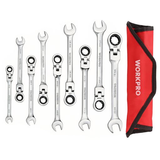 WORKPROフレックスラチェットレンチコンビネーションレンチ首振り8~19mm72ギア9本組スパナ組み立て自動車修理メンテナンスいじりDIY用収納バッグ付