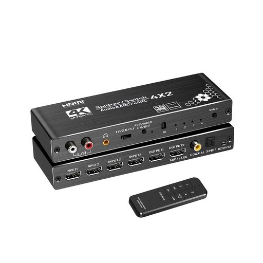 星(塗り潰し)【4入力2出力&amp;音声分離】本機は4台のHDMI機器の映像・音声を切り替えて、高精細な4K映像の美しさをそのままに2台TVやモニターなどに出力できます。そして、豊かな音声出力「光デジタル・R/Lアナログ・3.5mmミニジャック+同軸デジタル」が搭載しているため、HDMI機器からの音声信号を高性能なオーディオシステムから出力することも可能です。注意: このスイッチャーは分割画面モードのみをサポートしており、マトリックス モードはサポートされていません。 星(塗り潰し)【4K@60Hz・HDR対応】4K60Hz(3840x2160)解像度に対応しており、美しく高精細なHDMI信号を出力できます。この4ポートHDMIスイッチャーは、HDCP 1.4、HDMI 2.0b、4K@60Hz 4:4:4、RGB 4:4:4、フルHD、Ultra HD、36ビットディープカラーに対応し、4K@30Hzおよび1080Pとの下位互換性も備えています。最大18.5Gbpsの帯域幅とARC対応により、より鮮明で精細な表示効果を実現し、快適なホームシアター体験を実現します。