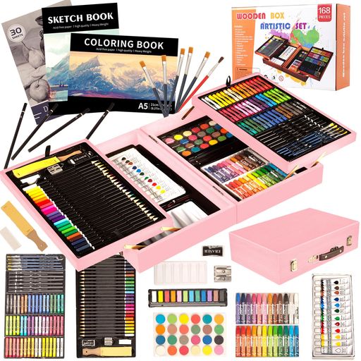 KINSPORY 168点 お絵かきセット 絵具セット 豪華 想像力 創造性 色鉛筆 クレヨン 水彩画 収納ケース付き 持ち運び 収納便利 (ピンク)
