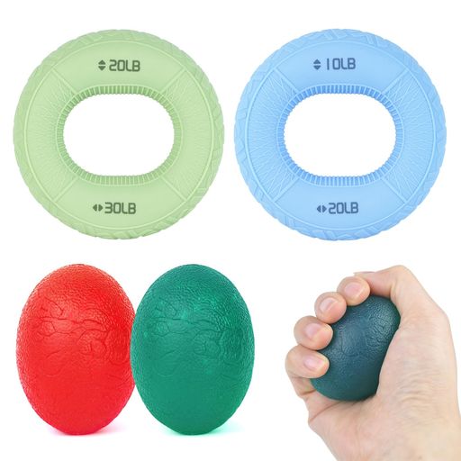 【全方向ハンドトレーニング】握力リング2個とグリップボール2個のセット。握力強化と手首安定に効果的なグリップ運動と、指先力アップとストレス緩和に役立つ挟み運動が可能。リハビリから音楽練習、ボルダリング、認知症予防まで、あらゆる手のトレーニングニーズをこれ1セットでカバー。 【やさしい低負荷で安心リハビリ】低負荷から始められるため、筋力が弱い方や回復期の方でも安心してお使いいただけます。従来の高負荷握力器では難しかった方にも使いやすく、理学療法士からも推奨されています。コンパクト形状で手指の動きに不安がある方も、確実に握ってトレーニングを続けられます。 【清潔キープ!洗える衛生素材】握力リングはシリコン、グリップボールはTPE製で、肌触りが良く水洗い可能。清潔を保ちながら使用できる。サイズは握力リング直径約7.2cm、グリップボールは卵型で約4.5cmと使いやすい設計。(※TPE素材は多少ベタつくことがありますが、滑り止め効果があり、ご了承ください) 【あなたのレベルで、着実にレベルアップ】握力リングは縦横で負荷が変化。