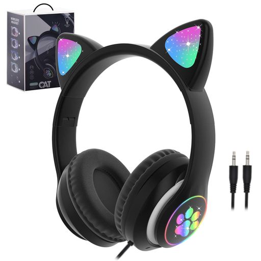 子供用ヘッドホンMegadream無線/有線ヘッドホンマイク付き猫耳LEDライト/両側RGBライトデザインBluetooth5.0TFカード挿入可能折りたたみ式サイズ調節可能学校/タブレット/旅行/MP3[ダーク]