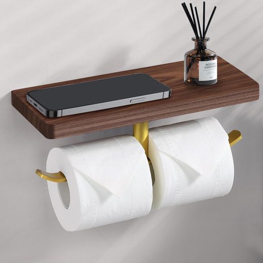 トイレットペーパーホルダー紙巻器小物置き/スマホ置き汚れに強い天板付き棚付き取り付け簡単壁掛け穴あけ不要貼り付け横から簡単取り替え天然木おしゃれ浴室耐荷重約5KGシングルフ…
