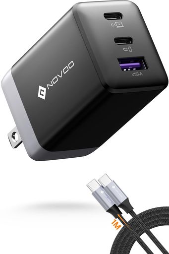 NOVOO67WUSBC充電器3ポートタイプCPD急速充電器【100WTYPE-Cケーブル付き(1M)/最軽量/超小型/GANIII技術/折畳式プラグ/PD3.0/